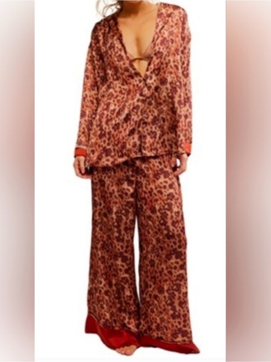 Free People Other - Free People Coral Red Leopard Satin Two-Piece Pajama Set
